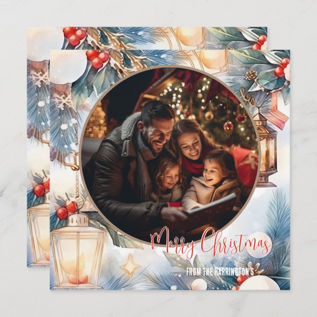 Merry Christmas Watercolor Decorative Photo Card (Front/Back)