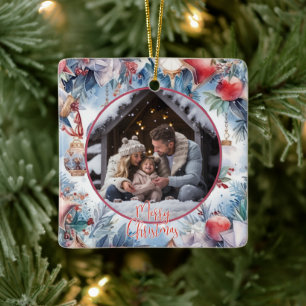 Merry Christmas Watercolor Decorative Photo Ceramic Ornament