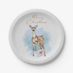 Merry Christmas Watercolor Deer Paper Plate