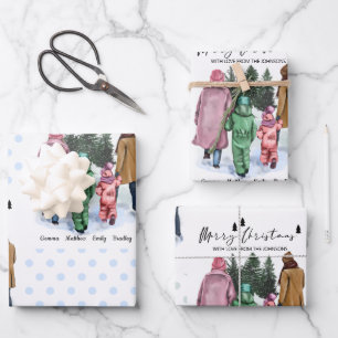 Merry Christmas Watercolor Family of 4 Custom Wrapping Paper Sheet