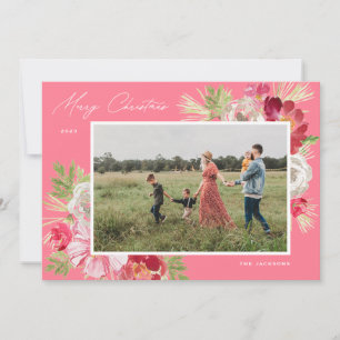 Merry Christmas Watercolor Flower Pink Holiday Card