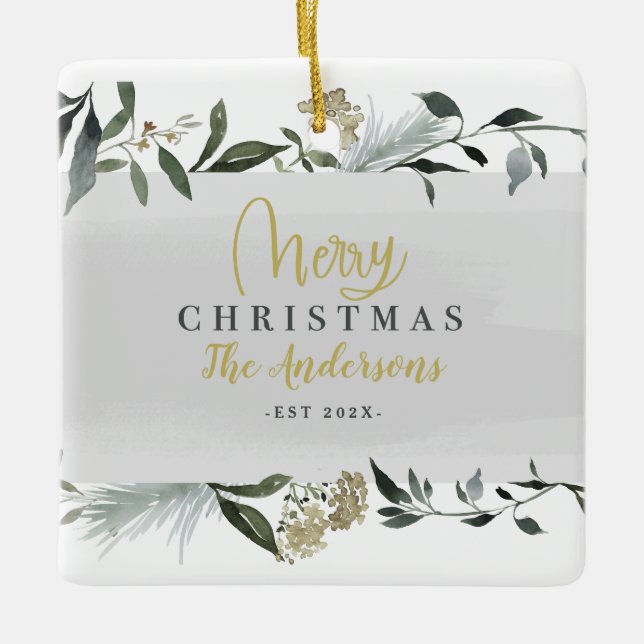 Merry Christmas watercolor foliage Christmas  Ceramic Ornament (Front)