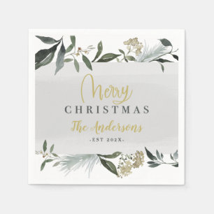 Merry Christmas watercolor foliage Christmas Napkin