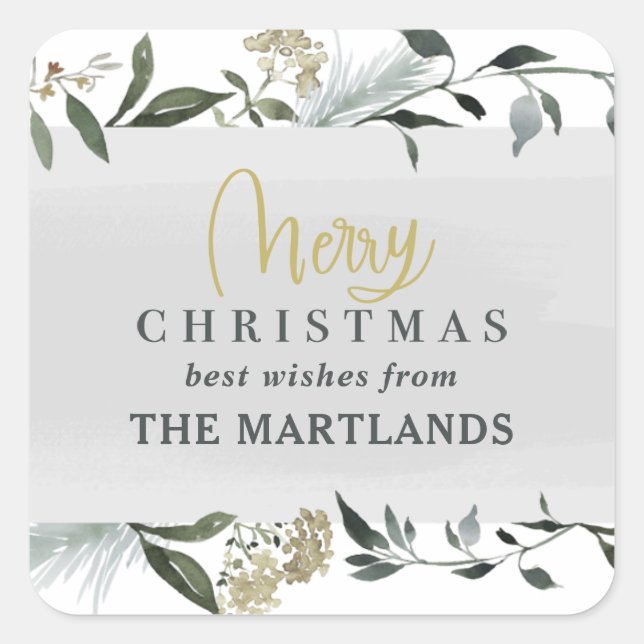 Merry Christmas watercolor foliage Christmas Recta Square Sticker (Front)