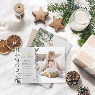 Merry Christmas watercolor foliage photo Holiday Card