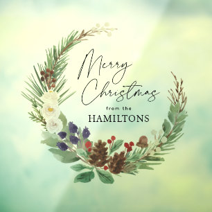 Merry Christmas Watercolor Foliage Wreath Window Cling