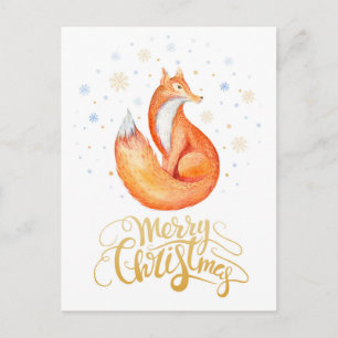 Merry Christmas Watercolor Fox and Snowflakes Card