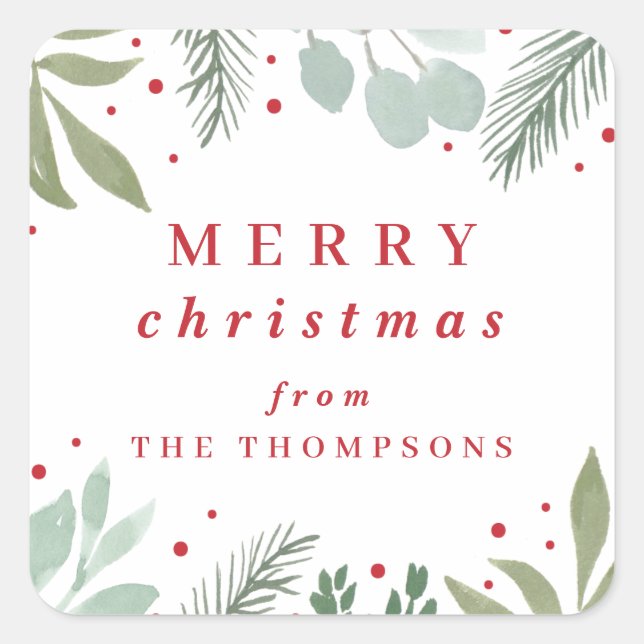 Merry Christmas Watercolor Garland Winter Foliage Square Sticker (Front)