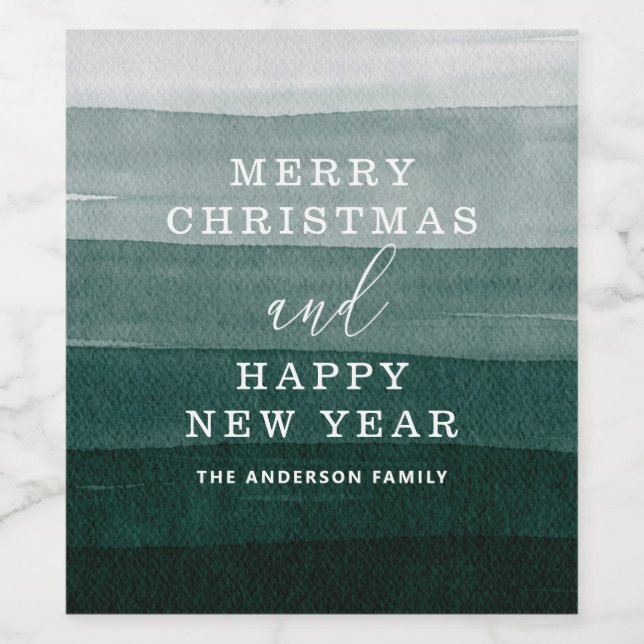 Merry Christmas. Watercolor green stripes ombre Wine Label (Single Label)