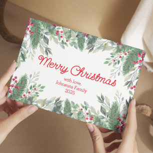 merry christmas watercolor greenery berries red postcard