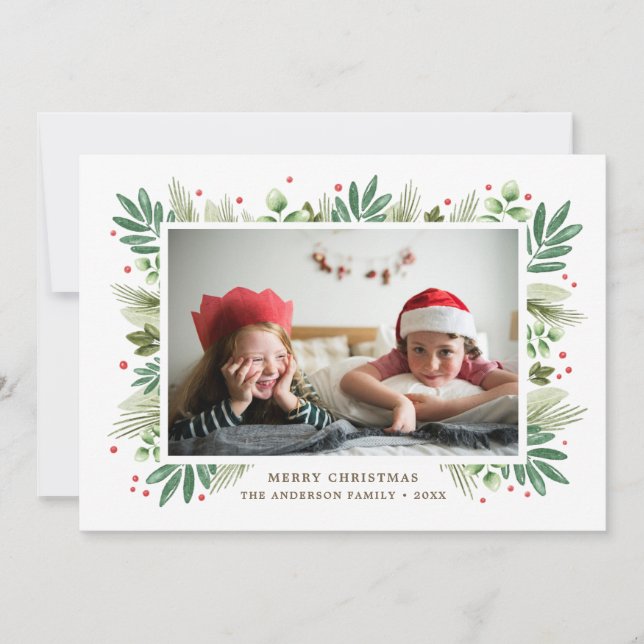 Merry Christmas. Watercolor greenery botanical Holiday Card (Front)