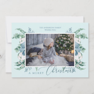 Merry Christmas Watercolor Greenery Custom Photo Holiday Card