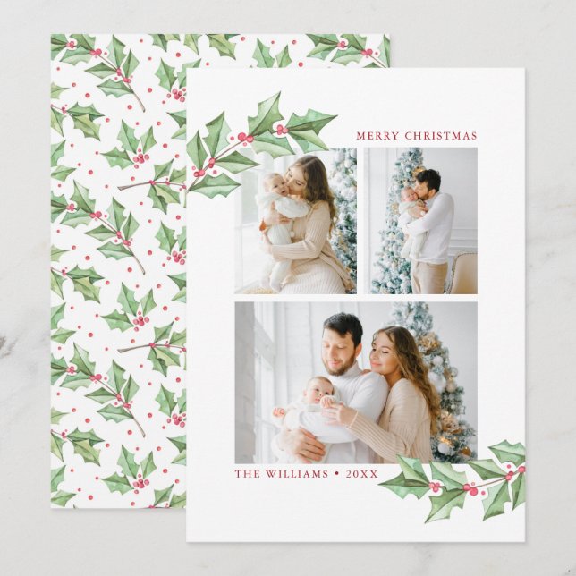 Merry Christmas Watercolor Holly 3 Photos Holiday (Front/Back)