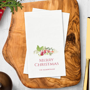 Merry Christmas Watercolor Holly Berry Napkin