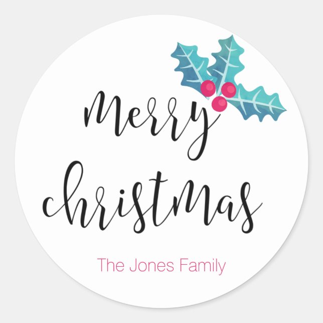 Merry Christmas, watercolor, holly, custom Classic Round Sticker (Front)