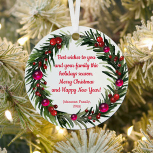 merry christmas watercolor holly greenery wreath metal ornament