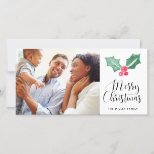Merry Christmas Watercolor Holly Holiday Photo Card