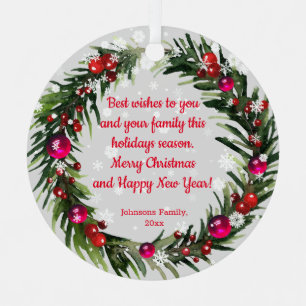 merry christmas watercolor holly wreath snowflakes metal ornament