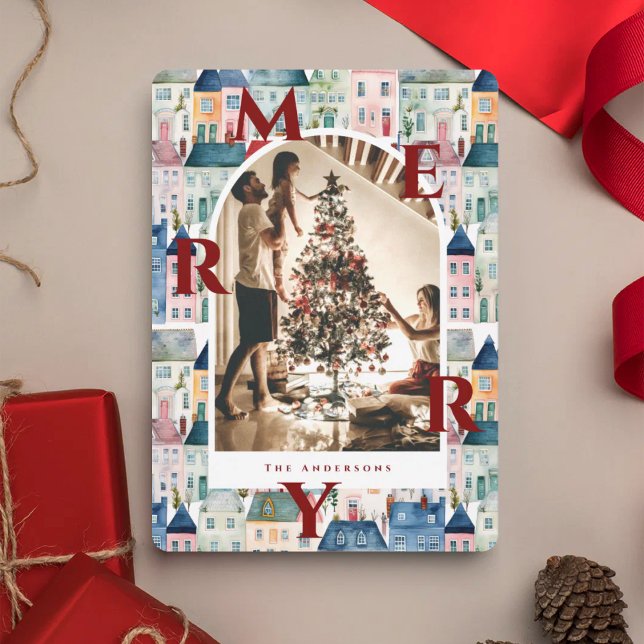 Merry Christmas Watercolor Houses Arch Photo   Holiday Card (Creator Uploaded)