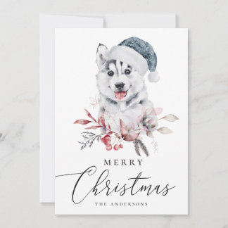 Merry Christmas. Watercolor husky. Cute animal Holiday Card
