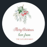 Merry Christmas,Watercolor Mistletoe Classic Round Sticker<br><div class="desc">Watercolor mistletoe on a white background.</div>