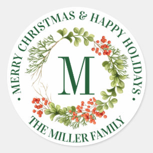 Merry Christmas Watercolor Monogram Wreath Classic Round Sticker
