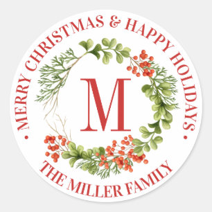 Merry Christmas   Watercolor Monogram Wreath Classic Round Sticker