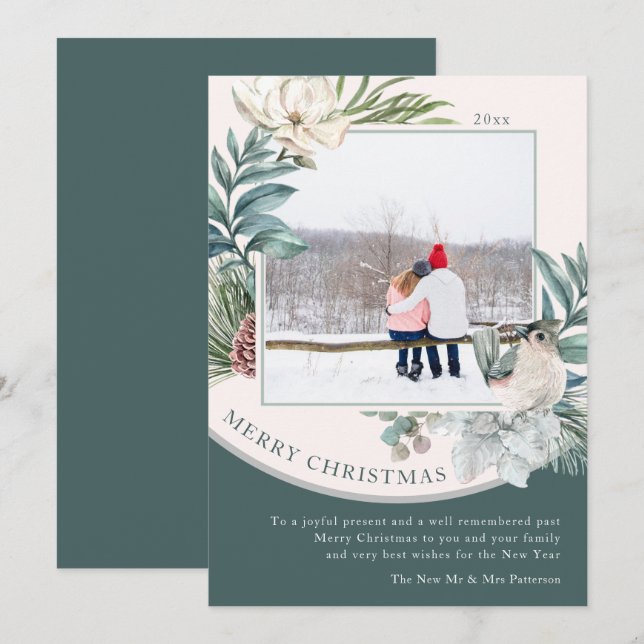 Merry Christmas Watercolor Newlywed Floral Photo (Front/Back)