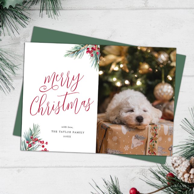 Merry Christmas Watercolor Pine and Berries Holiday Card (Creator Uploaded)