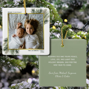 Merry Christmas Watercolor Pine Gold Photo Frame Ceramic Ornament