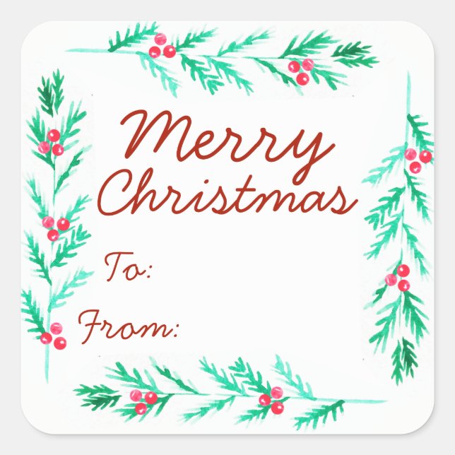 Merry Christmas Watercolor Pine Sprig & Berries Square Sticker (Front)