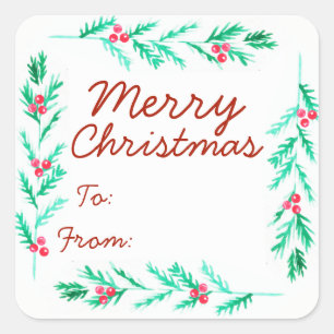 Merry Christmas Watercolor Pine Sprig & Berries Square Sticker