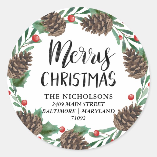 Merry Christmas | Watercolor Pinecones Address Classic Round Sticker (Front)