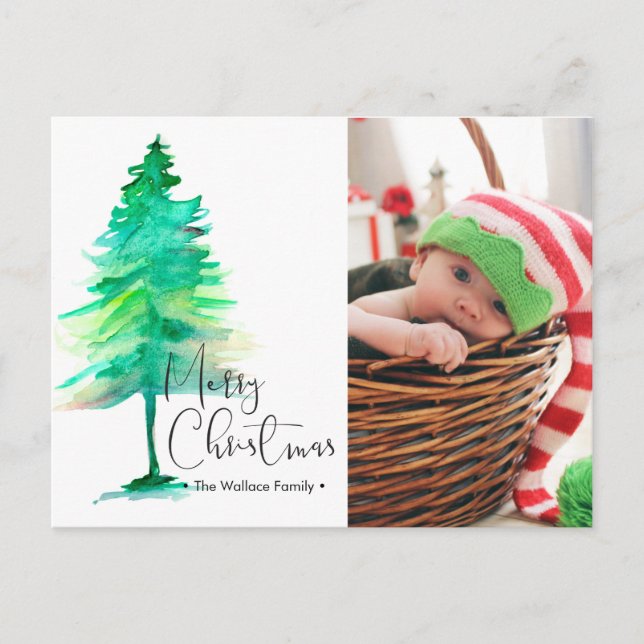 Merry Christmas, Watercolor Pinetree, Photo Holiday Postcard (Front)