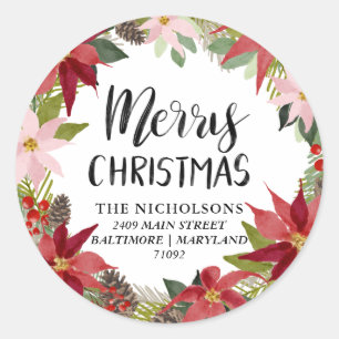 Merry Christmas Watercolor Poinsettia Address Classic Round Sticker