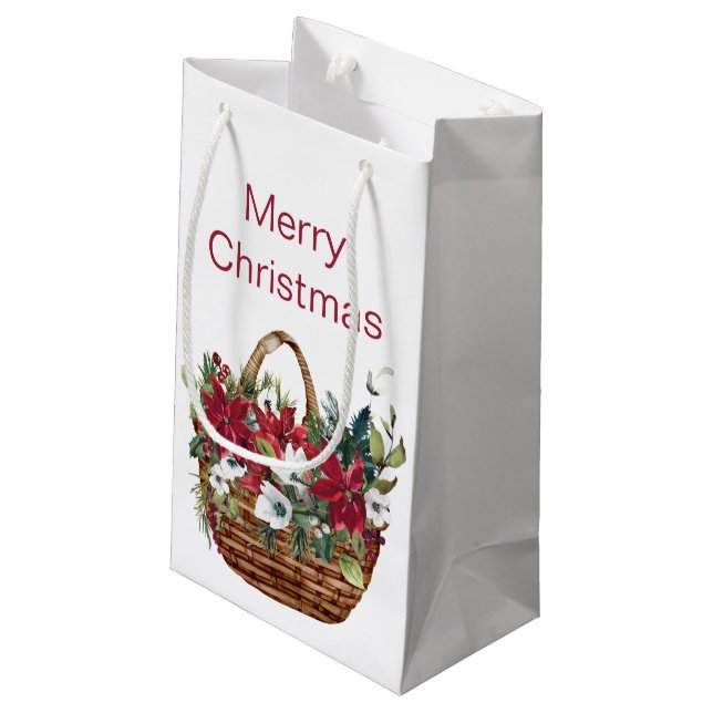 Merry Christmas Watercolor Poinsettia Floral Small Gift Bag (Back Angled)