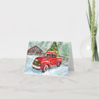 merry christmas watercolor pups driving red truck