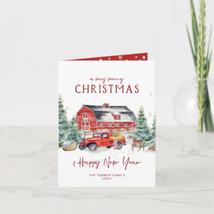 Merry Christmas   Watercolor Red Truck Holiday Card
