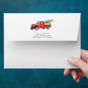 Merry Christmas Watercolor Red Truck Holiday Envelope