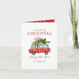 Merry Christmas   Watercolor Red Van Holiday Card