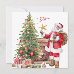 Merry Christmas Watercolor Santa, Christmas Tree Holiday Card