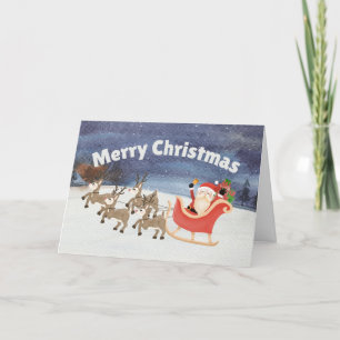 Merry Christmas Watercolor Santa Sleigh  Holiday Card