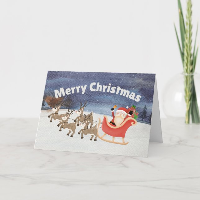 Merry Christmas Watercolor Santa Sleigh  Holiday Card (Front)