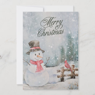 Merry Christmas Watercolor Snowman and Cardinal Holiday Card