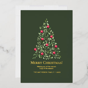 Merry Christmas Watercolor Tree Family Gold Foil Holiday Card