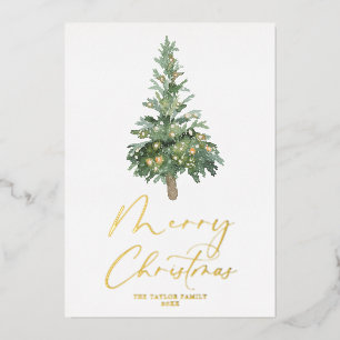 Merry Christmas Watercolor Tree Gold Foil Boho Holiday Card