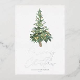 Merry Christmas Watercolor Tree Silver Foil Boho Holiday Card