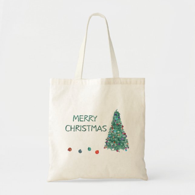 Merry Christmas Watercolor Tree Tote Bag (Front)