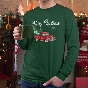 Merry Christmas Watercolor Vintage Red Truck Green T-Shirt