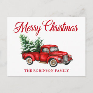 Merry Christmas Watercolor Vintage Red Truck Trees Postcard